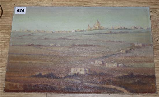 Maltese School, oil on canvas laid on board, View of Mdina, 25 x 41cm, unframed